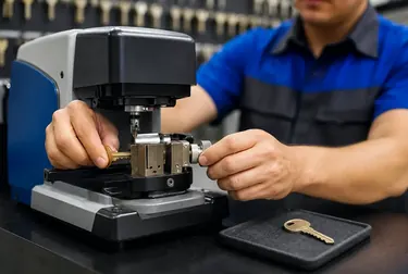 Chaveiro confeccionando chaves em uma máquina em Nossa Senhora do Socorro.