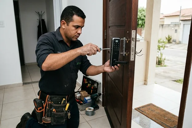 Chaveiro instalando uma fechadura digital em uma porta em Nossa Senhora do Socorro.