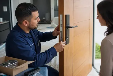 Chaveiro instalando uma fechadura em uma porta em Nossa Senhora do Socorro.
